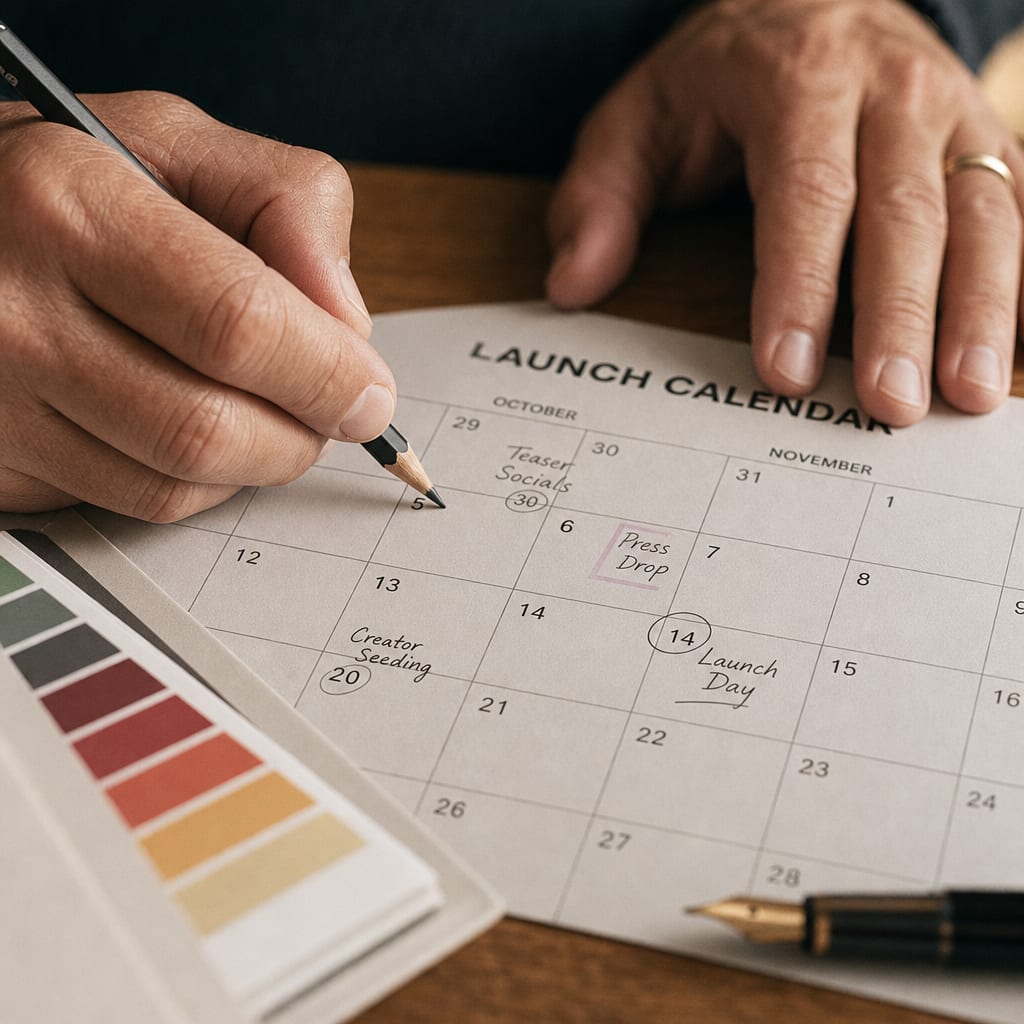 Two hands annotating a printed launch calendar grid with a pencil on a warm oak surface.