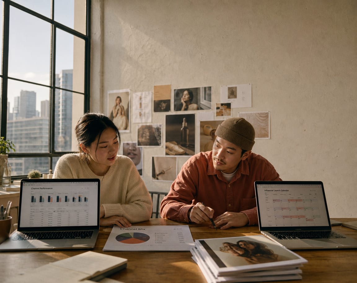 Two marketing activation specialists at a long worktable with two laptops showing a paid-media dashboard and a launch calendar, behind them a wall of pinned campaign creatives.