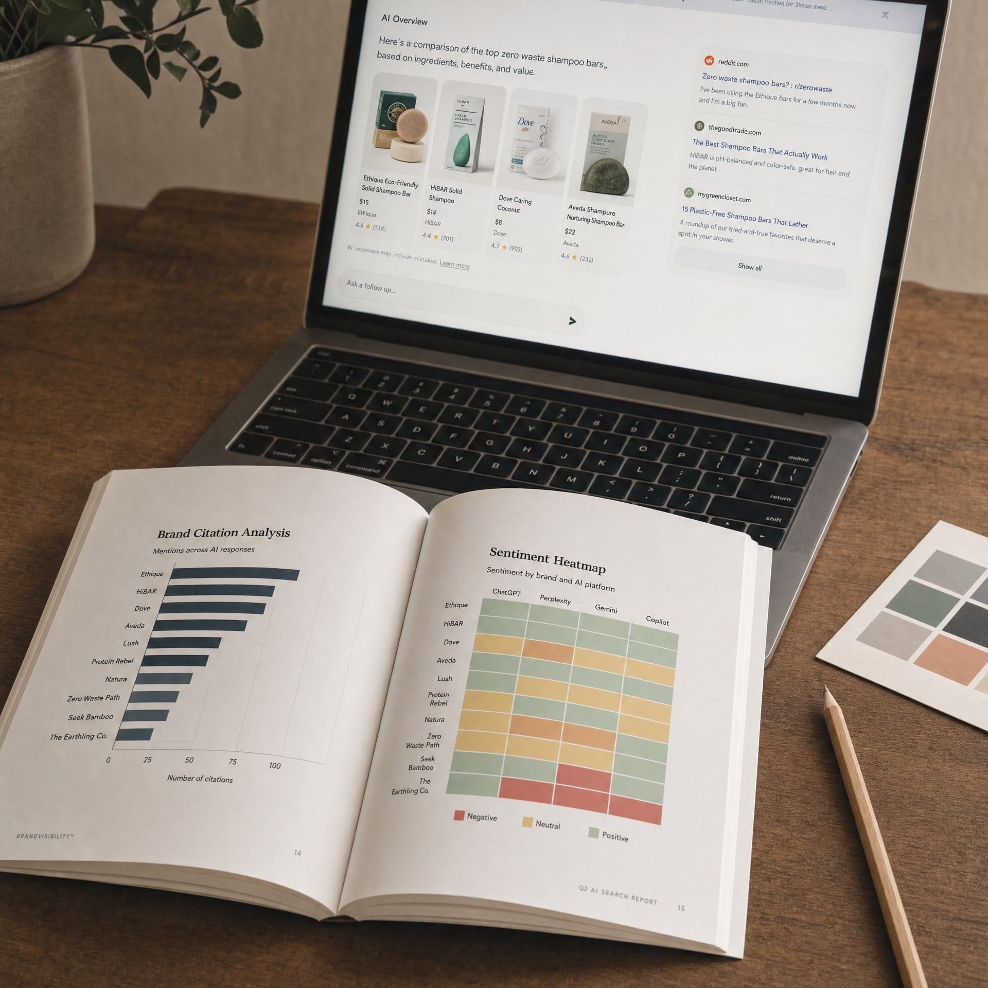 A studio flat-lay of an AEO audit: a printed brand citation ranking across five LLM platforms, a sentiment heatmap, and a laptop showing an AI search result page.