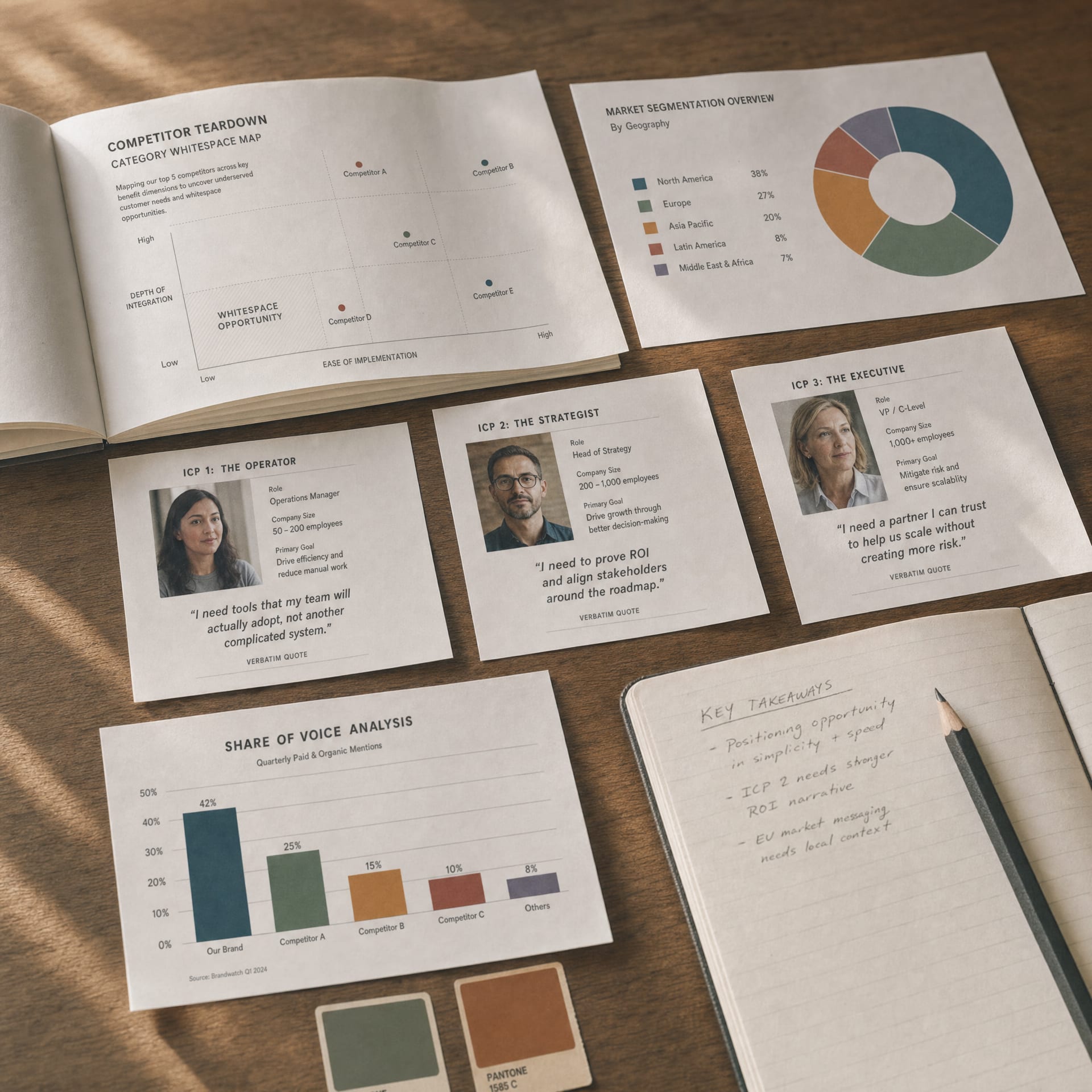 Studio flat-lay of marketing strategy research: a competitor teardown booklet, a market segmentation chart, three ICP behavioral persona cards, a share-of-voice bar chart.