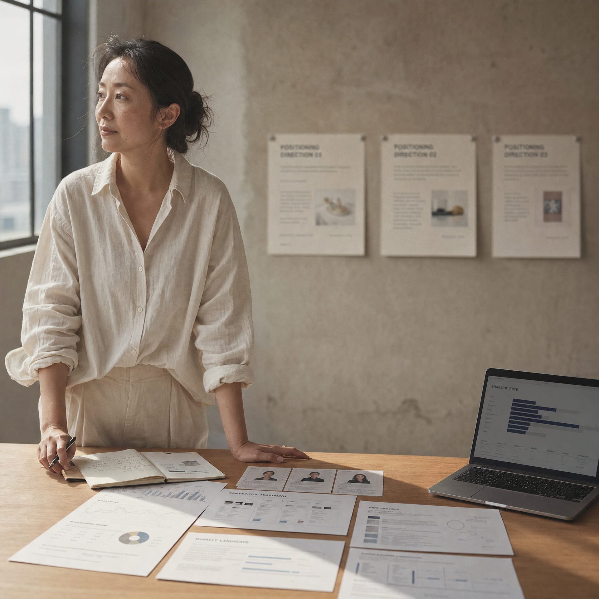 A marketing strategist working at a long oak table in a Shanghai studio.