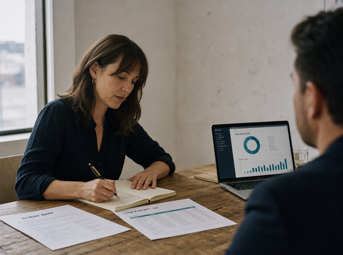 A marketing strategist at a worktable taking notes in a paper notebook beside a printed client brief and a laptop showing a sales dashboard.