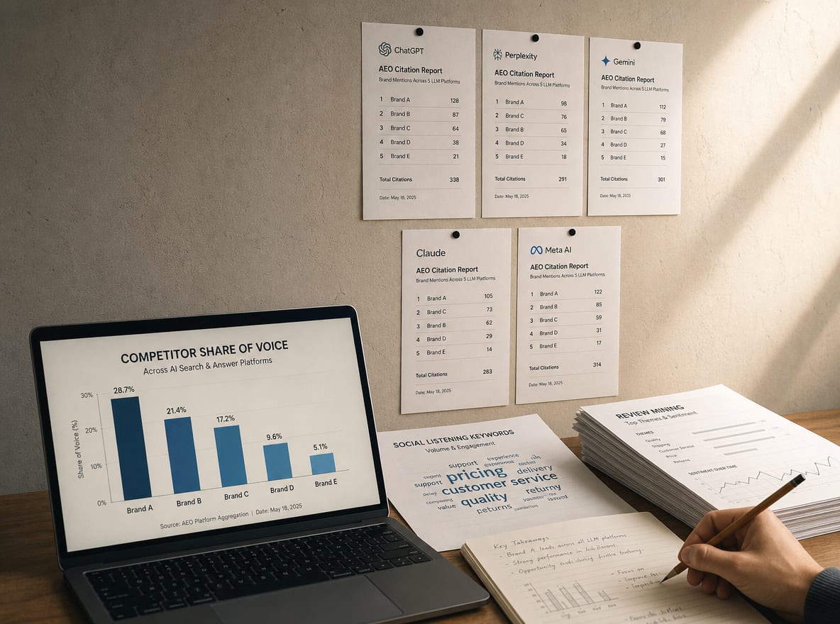 A strategist annotating a competitor share-of-voice chart on a laptop while three AEO citation printouts are pinned to a plaster wall behind.
