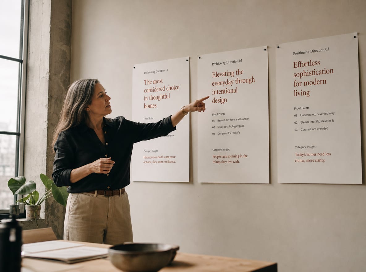 A senior strategist standing in front of three pinned positioning direction boards on a plaster wall, hand pointing at the middle board.
