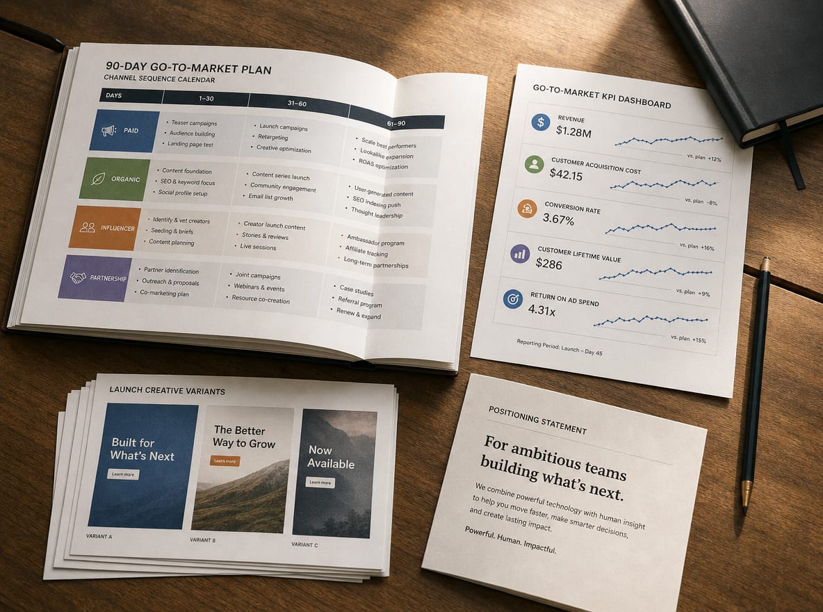 A printed 90-day go-to-market plan booklet open at a channel sequence calendar, beside a KPI dashboard sheet and a stack of launch creative variant cards.