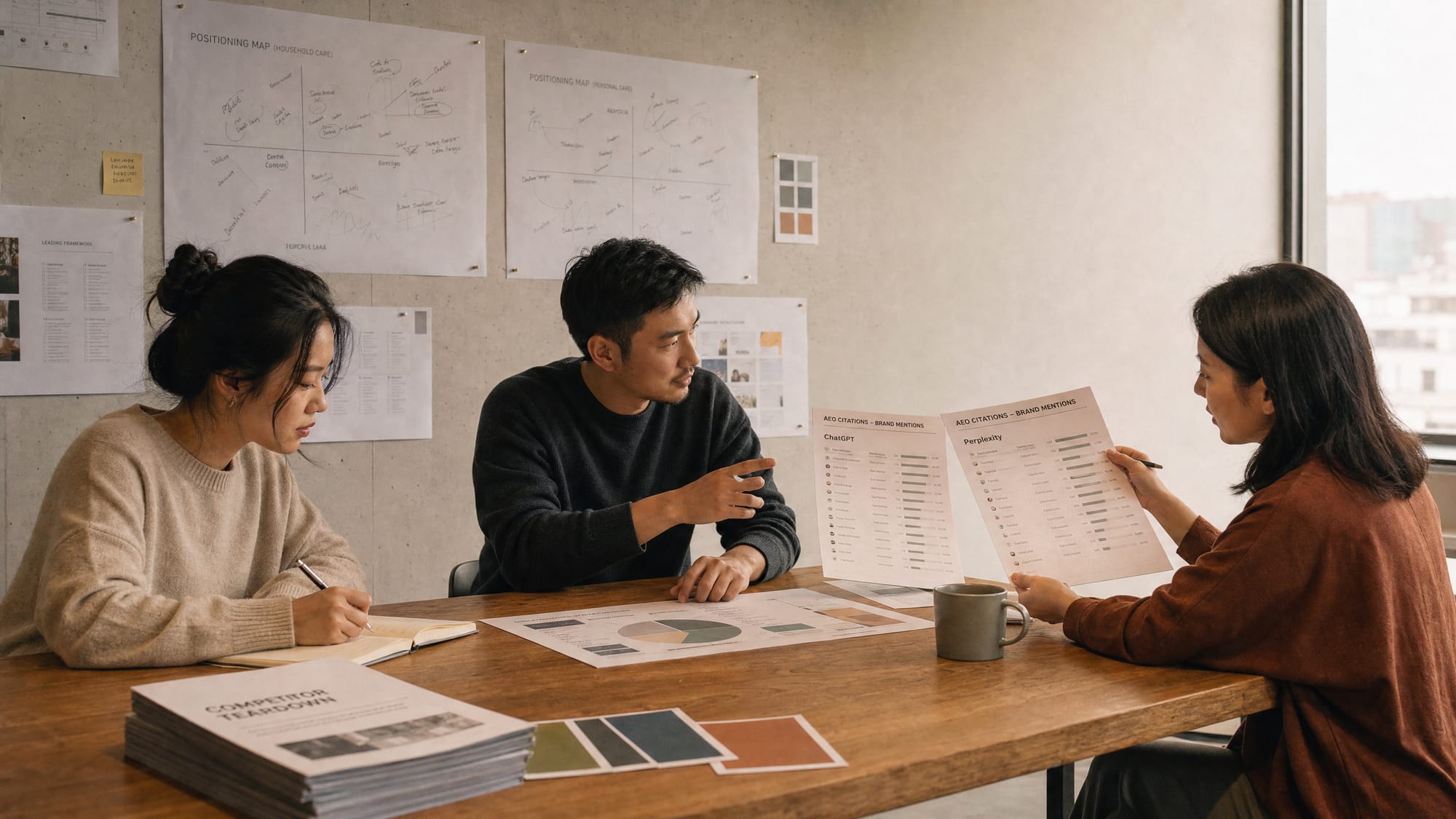 A Shanghai marketing strategy room: three strategists around a long worktable, surrounded by printed market data and pinned positioning maps.