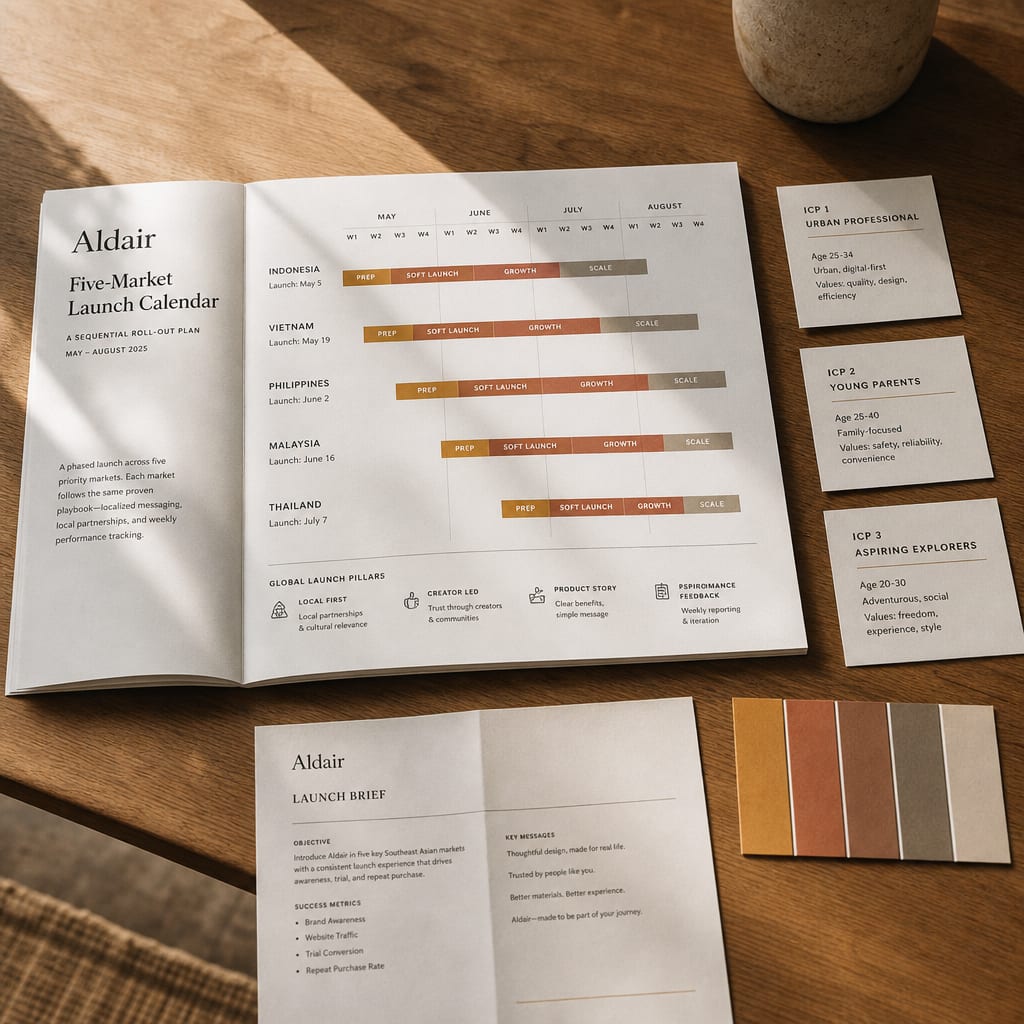 A printed Aldair multi-market launch plan open to a five-market launch calendar, beside three ICP cards and a swatch row.