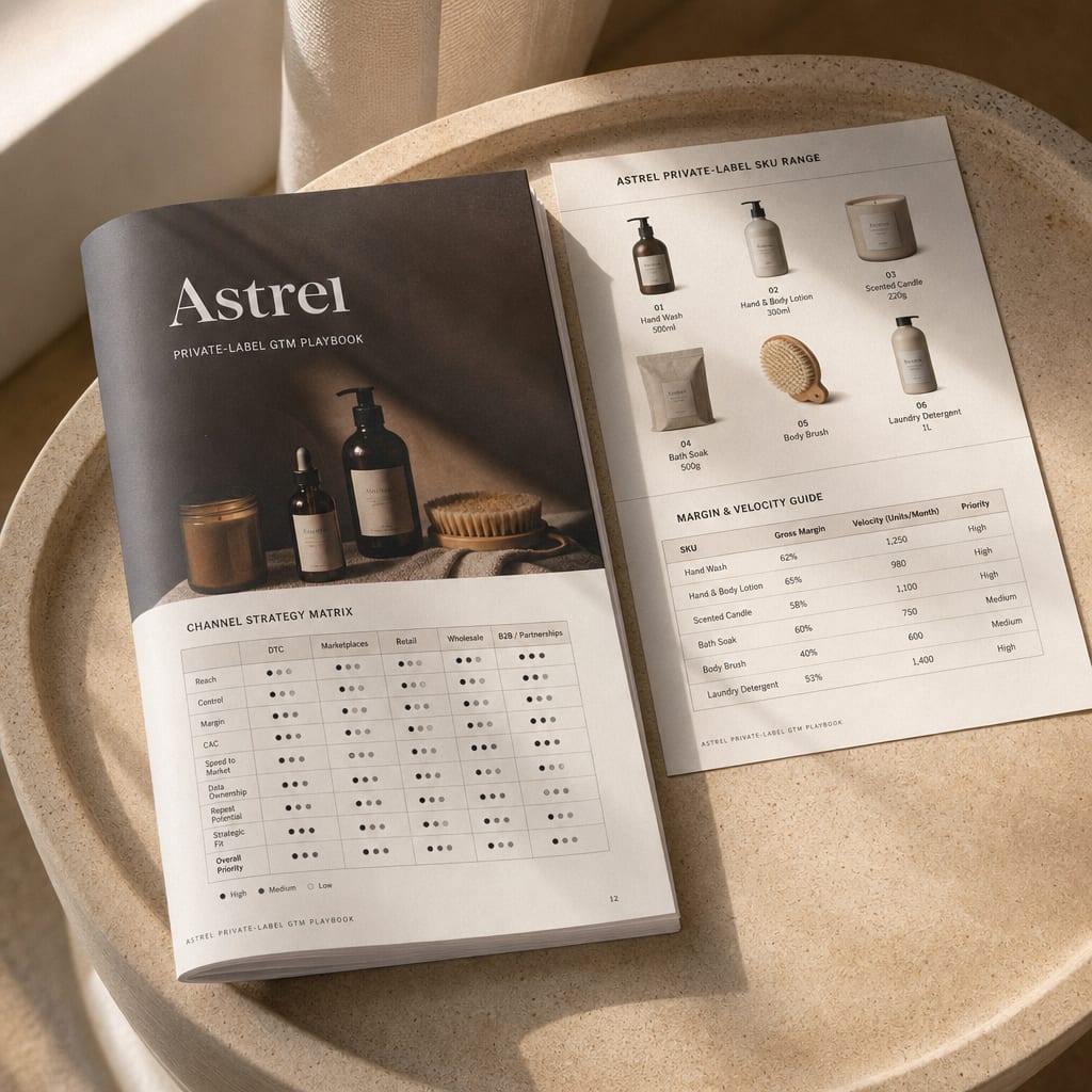 An Astrel retail playbook on a sand stoneware tray, open at a channel matrix beside a SKU range card.