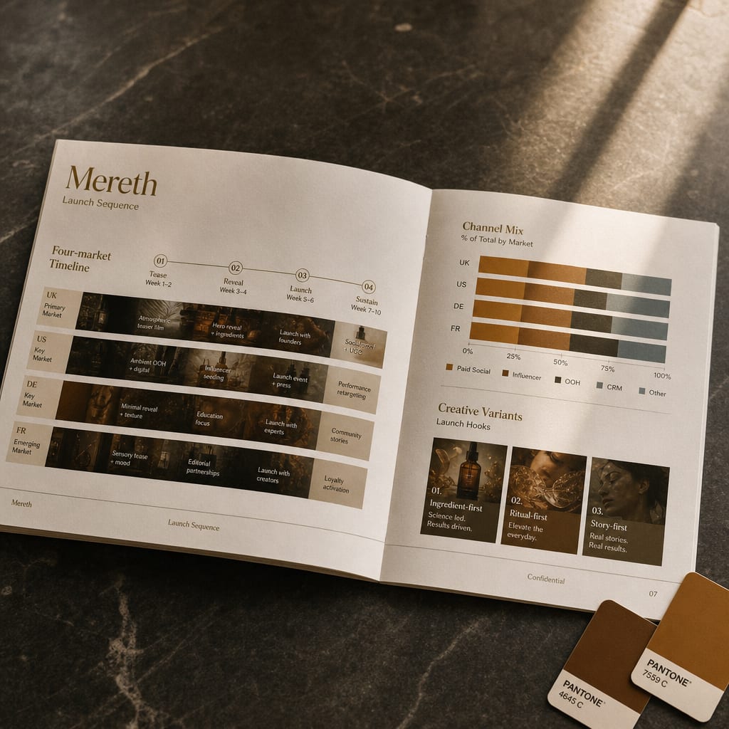 A Mereth four-market launch sequence on dark stone, with a stacked-bar channel mix chart and three hook variants.