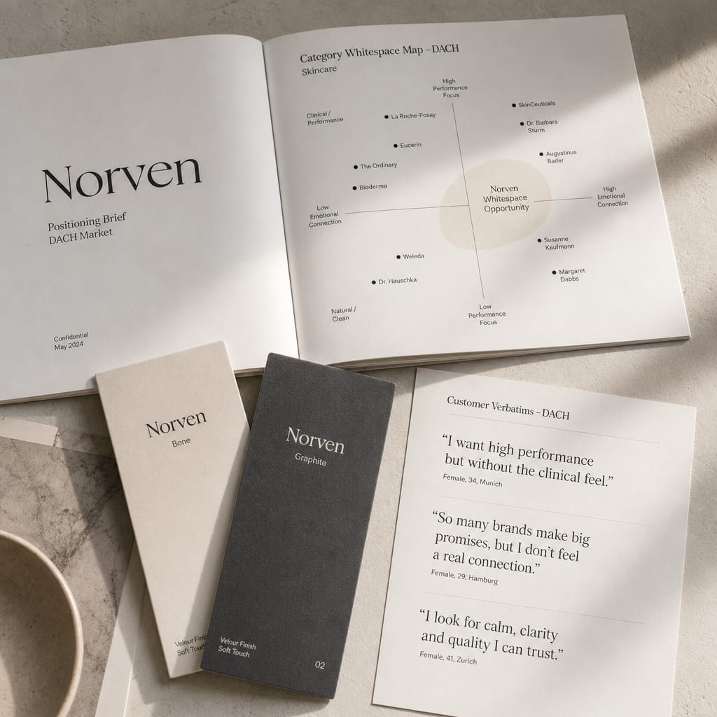 A Norven positioning brief on a plaster surface, open at a DACH category whitespace map beside two velour swatch cards.