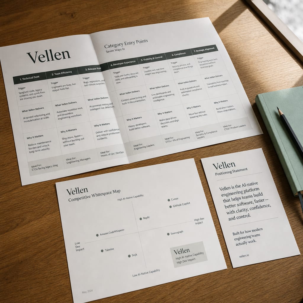 A Vellen B2B SaaS positioning brief on a worktable, open at a seven-column category entry points chart.