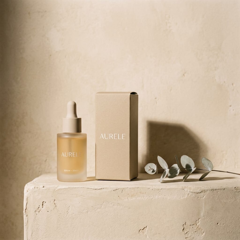 A serum bottle and carton styled as one art-directed shot on a plaster ledge.
