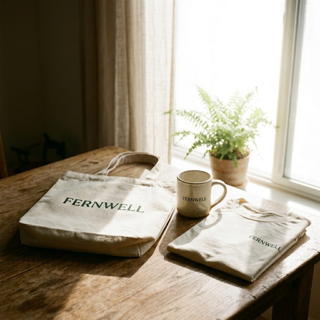 Canvas tote, mug and t-shirt under one wordmark, an example of branded merchandise.