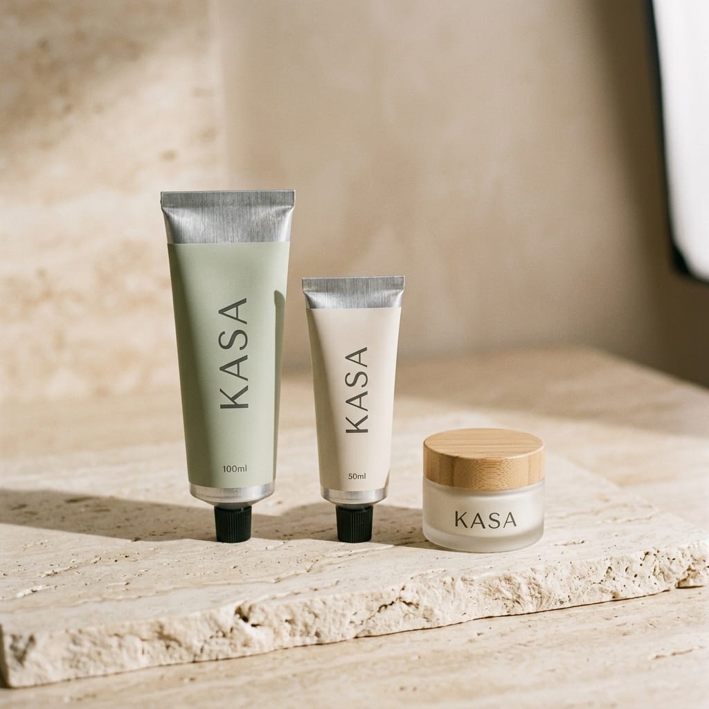 Two aluminium tubes and a frosted jar printed with the Kasa wordmark, on pale travertine.