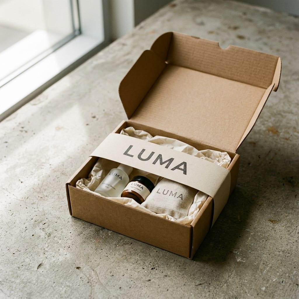 Open kraft PR mailer with a printed belly-band reading Luma, holding three products in tissue.
