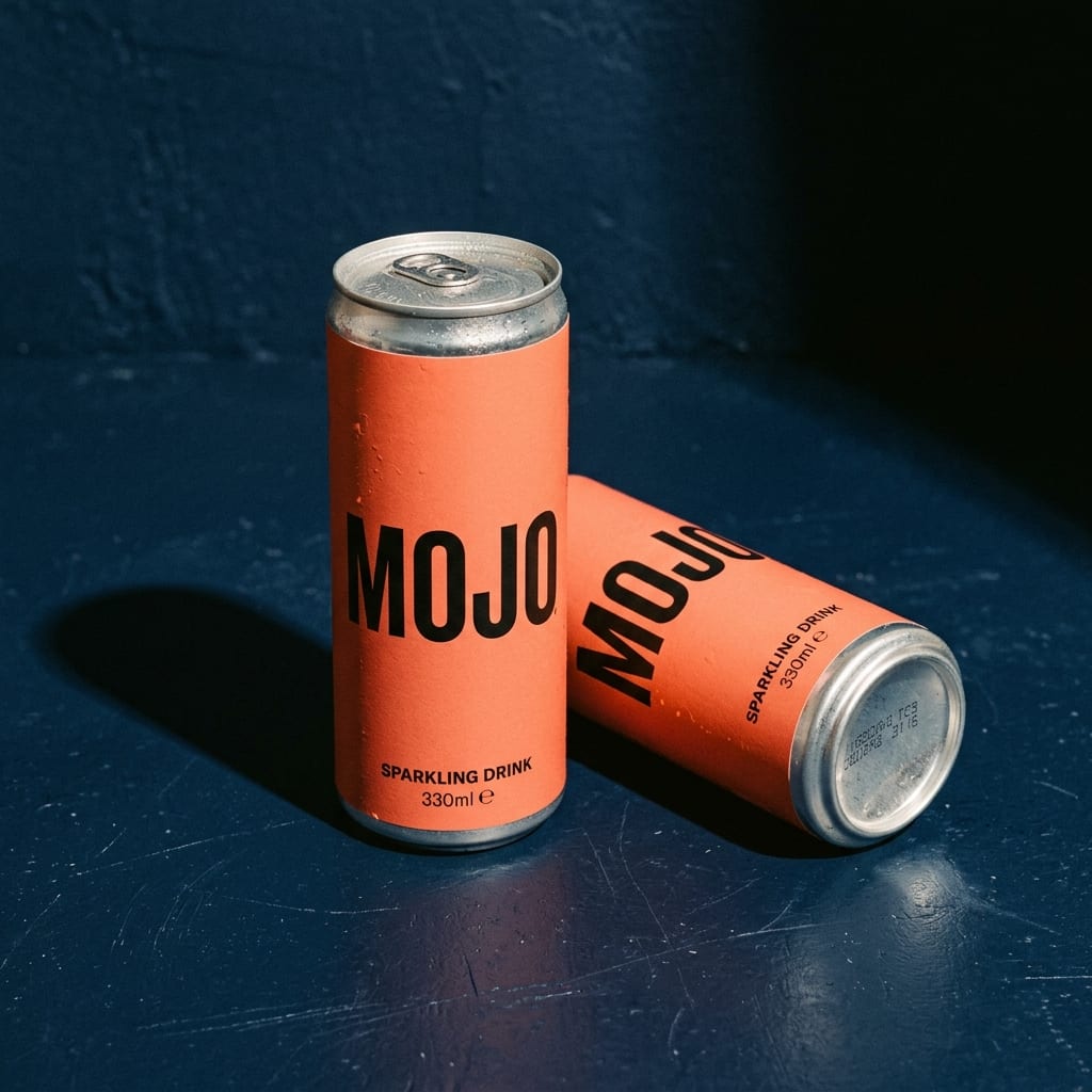 Two coral-orange aluminium cans for the Mojo sparkling drink under hard directional light.