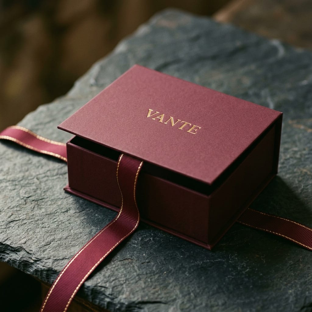 Deep burgundy rigid gift box with a gold-foil Vante wordmark and grosgrain ribbon, on dark stone.