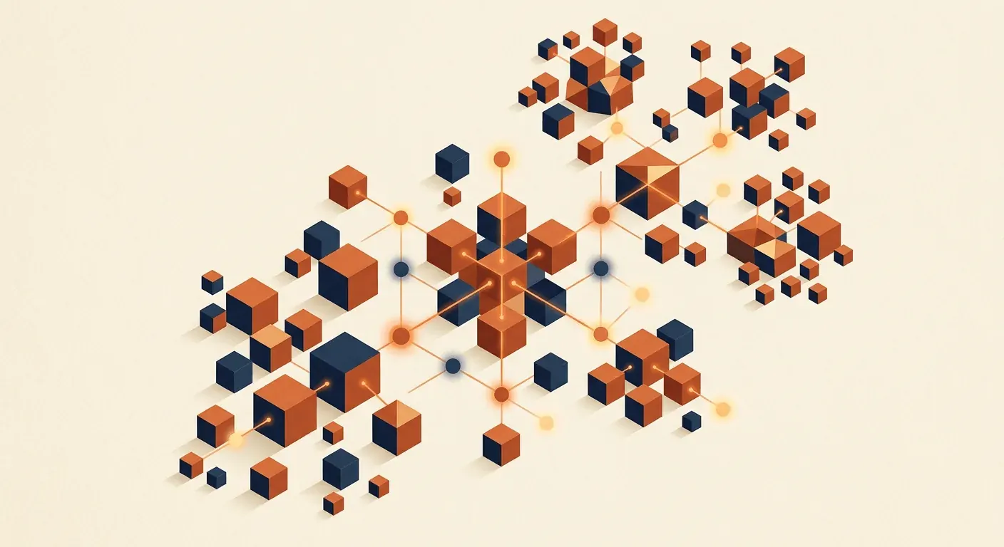 Interconnected orange and navy cubes branching into a network, content produced at scale