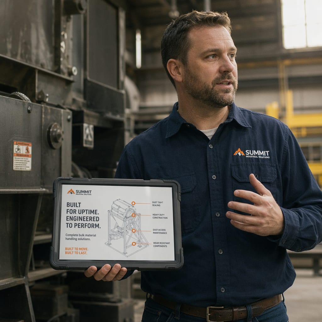 A sales engineer in a daylit factory holding a rugged tablet with a Ferran sales slide and a technical diagram.