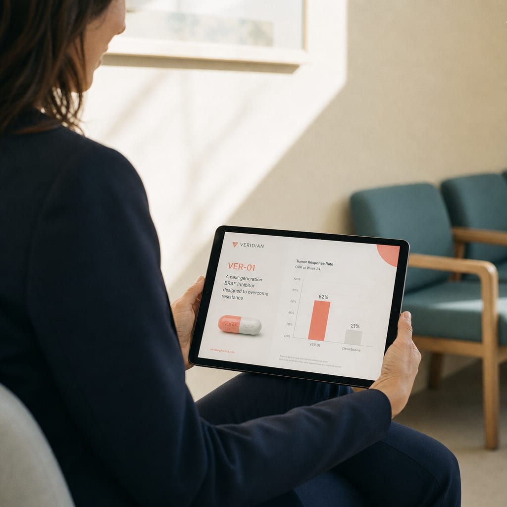 A pharmaceutical sales rep in a clinical lobby reviewing a Helia product slide on a tablet held in her lap.