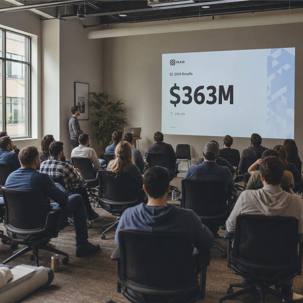 A Lumeo all-hands meeting room with employees facing a projected quarterly results slide on the front wall.