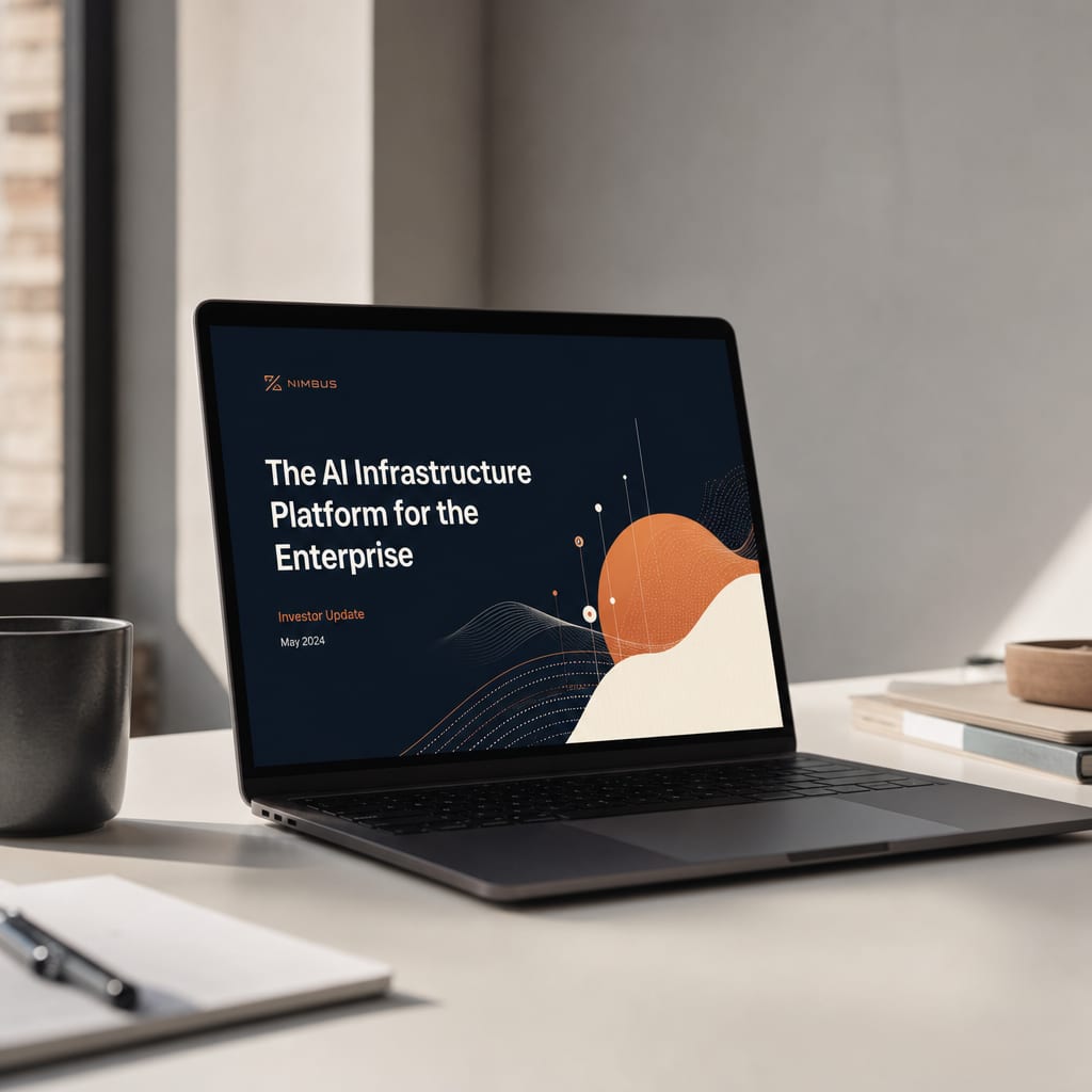 Open laptop on a sunlit desk showing a clean Nimbus investor deck title slide with a single data visualization.