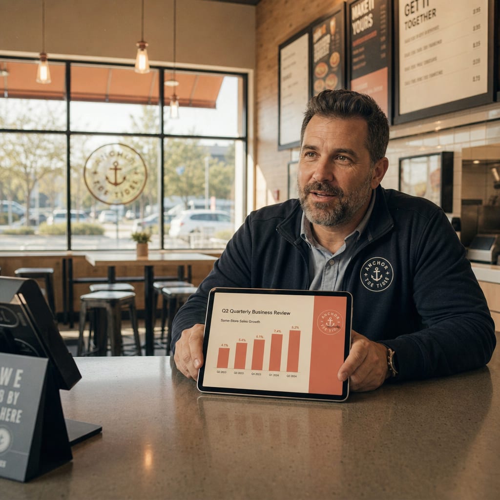 A franchise owner reviewing a Tako quarterly business review slide on a tablet at the counter of a small restaurant.