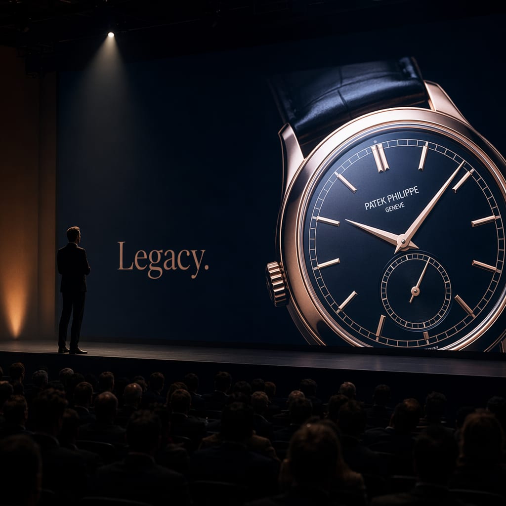 Dark keynote hall with a single LED wall showing a Verge watch hero slide and a presenter silhouette at the edge.