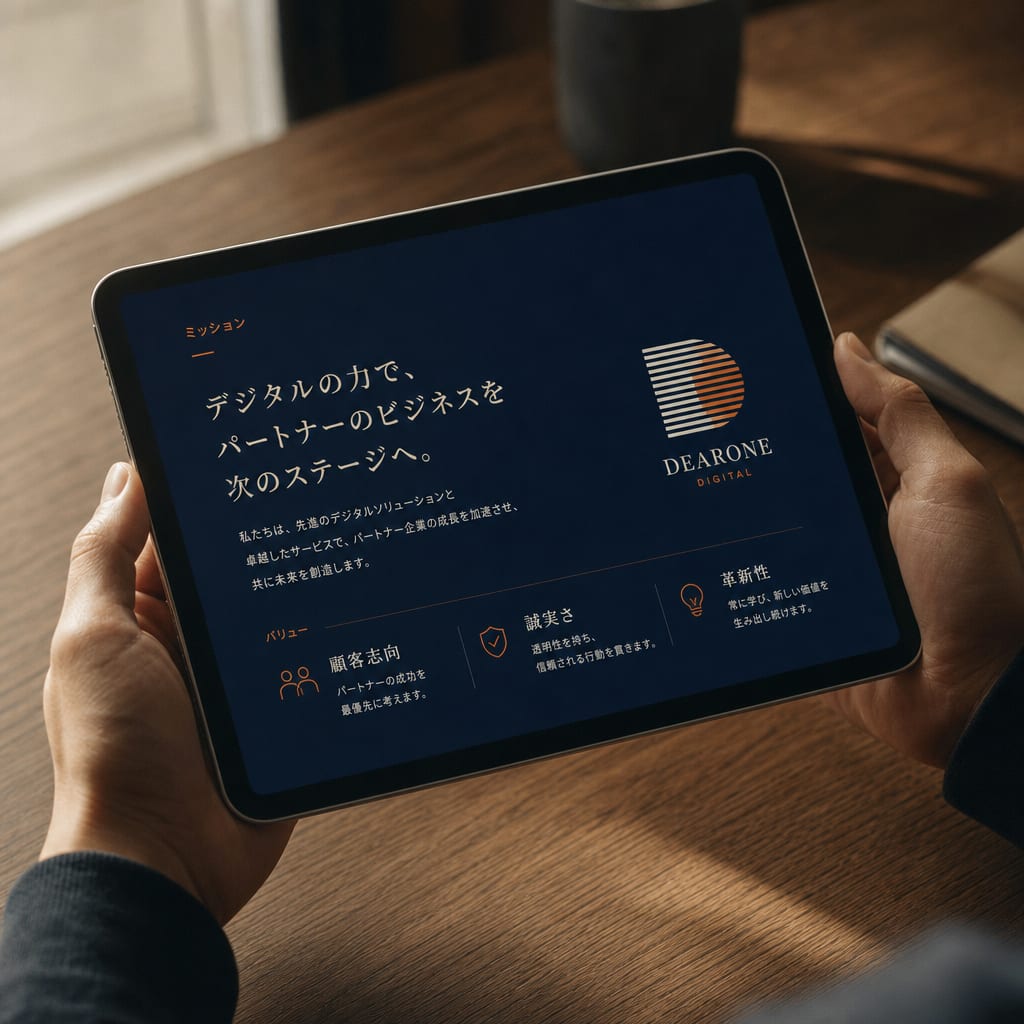 Hands holding a tablet showing a localized slide in a non-Latin script.