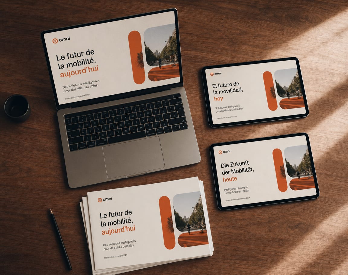 A laptop, two tablets and printed proofs on a walnut desk showing the same deck slide laid out in different languages.
