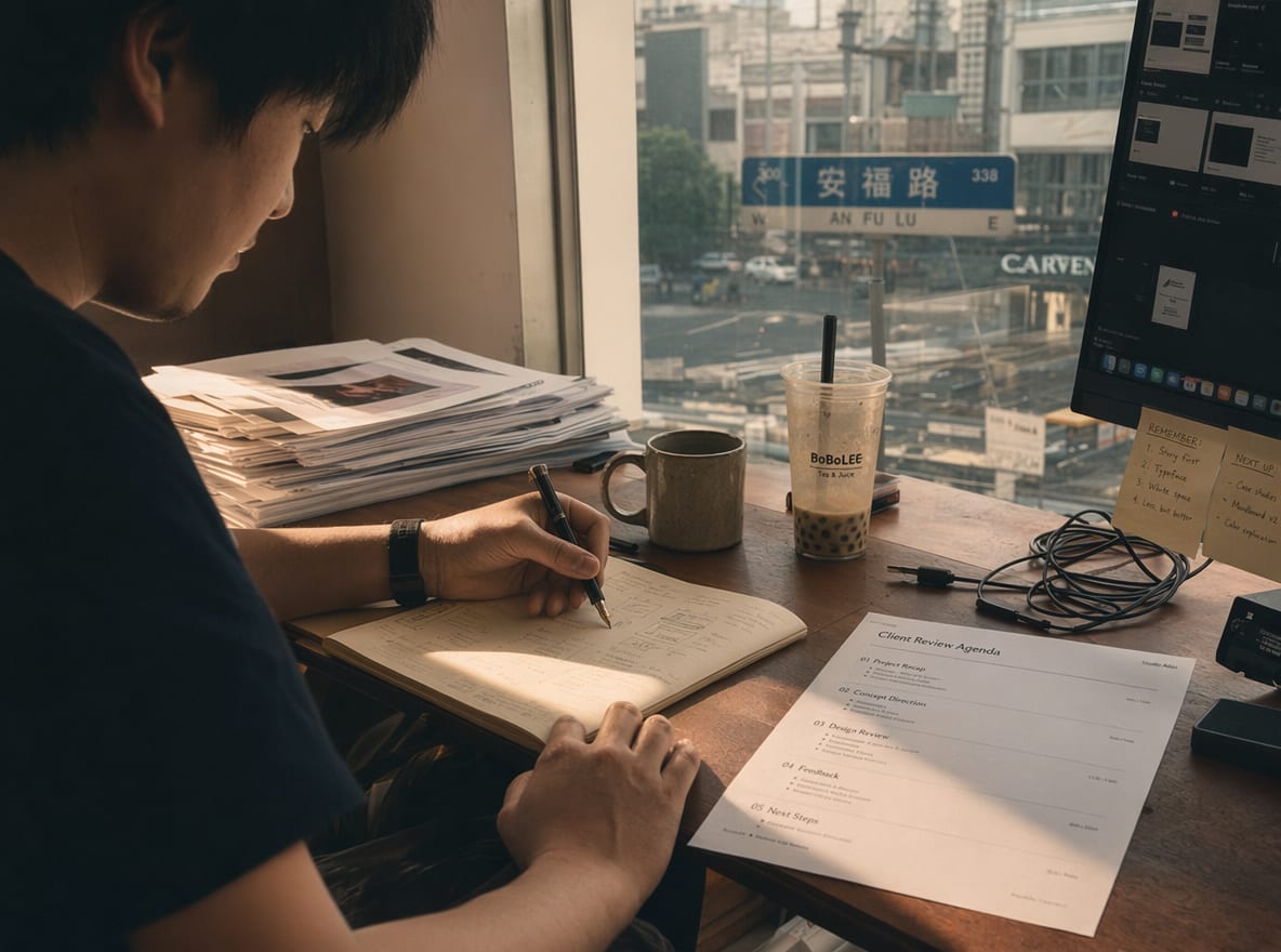 An open notebook, a fountain pen and a printed agenda sheet on a warm walnut desk under late afternoon window light.