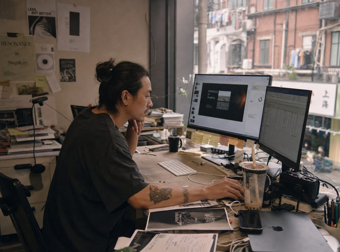 A designer at a workstation with two studio monitors, a slide deck in progress on one and a linked Excel sheet on the other.