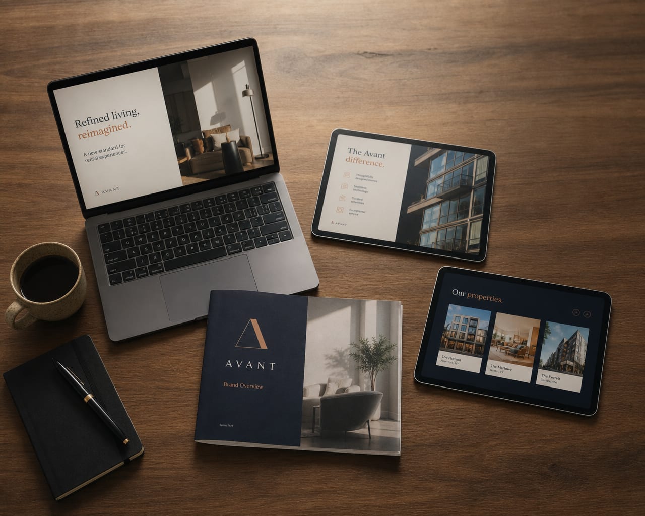 Top-down view of a laptop, two tablets and a printed deck booklet on a walnut desk, each showing a different slide layout in a consistent palette.