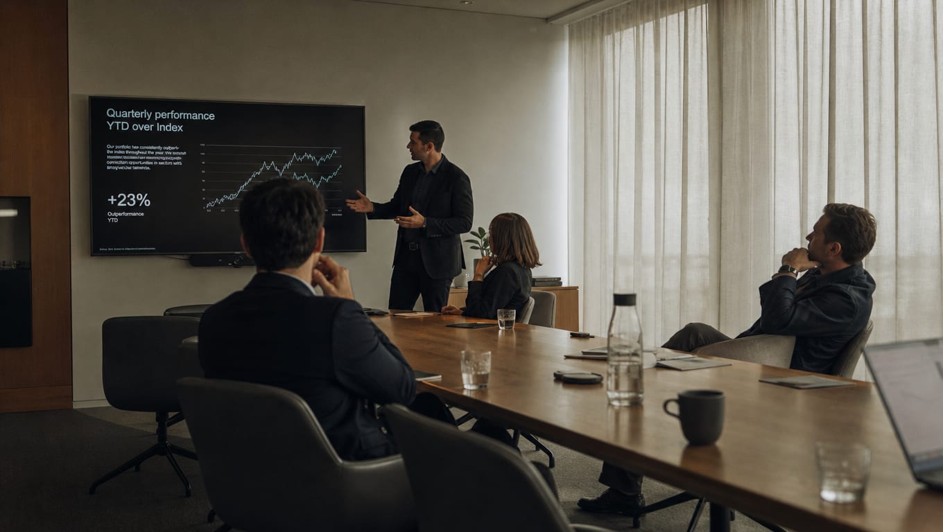 A corporate boardroom from the side, four people watching a deck on a wall-mounted screen at the end of the long oak table.