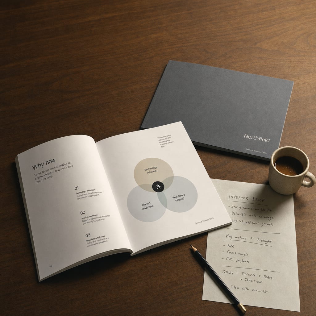 A printed Series B investor deck open at the "Why now" spread on a warm worktable beside a brief sheet and a pencil.