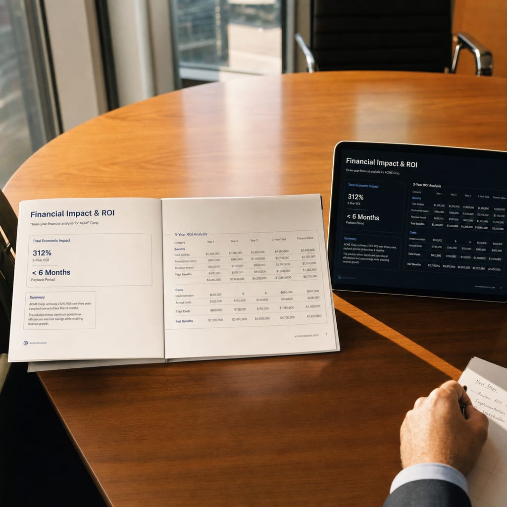 A printed enterprise sales deck open at an ROI math spread on a long conference table, beside a tablet showing the same slide.