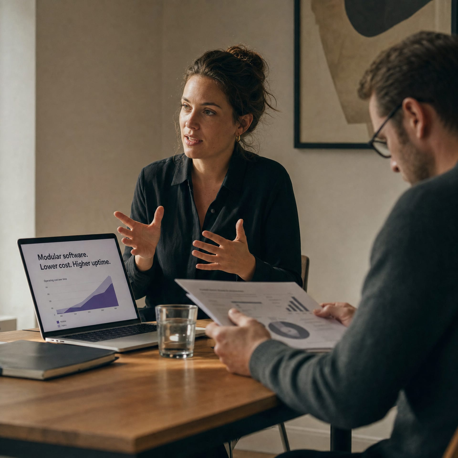 A founder pitching to two investors in a quiet meeting room.