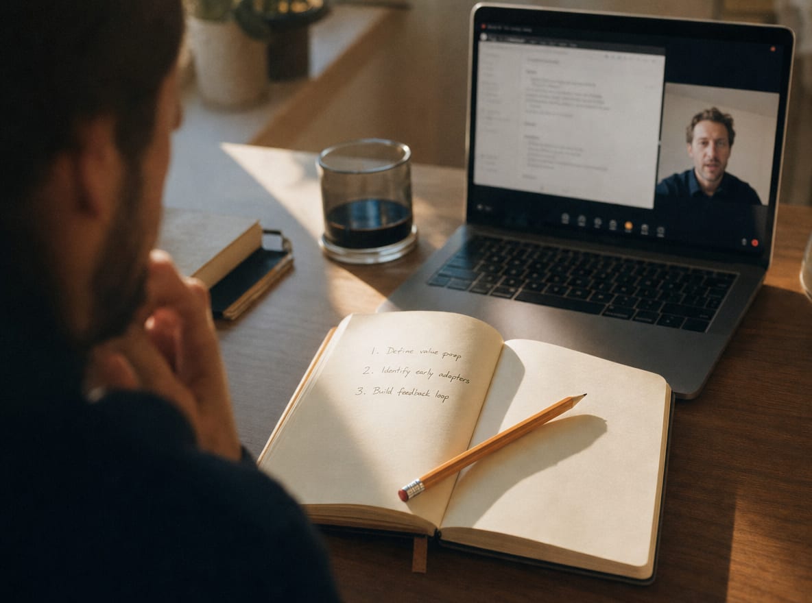 A founder on a discovery call at a quiet desk, an open notebook and a printed brief sheet beside the laptop in warm window light.
