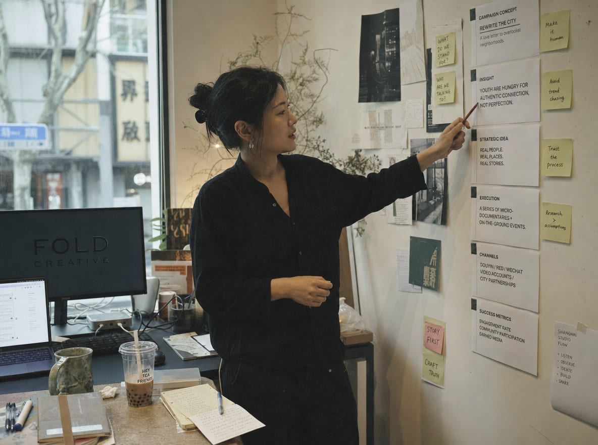 A studio wall covered in printed slide headline cards in a vertical column, a strategist pointing at one with a pencil.