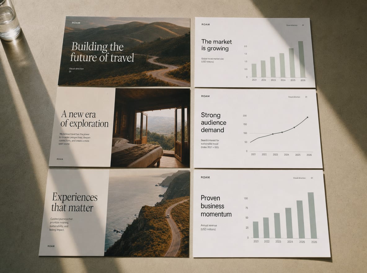 A grid of two pitch-deck visual directions printed and pinned across a fabric board, each with three hero slides.