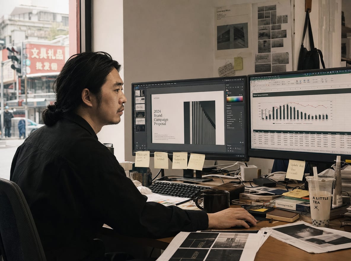A designer at a workstation with two monitors, a Figma file with the pitch deck on one and a linked Excel chart on the other.