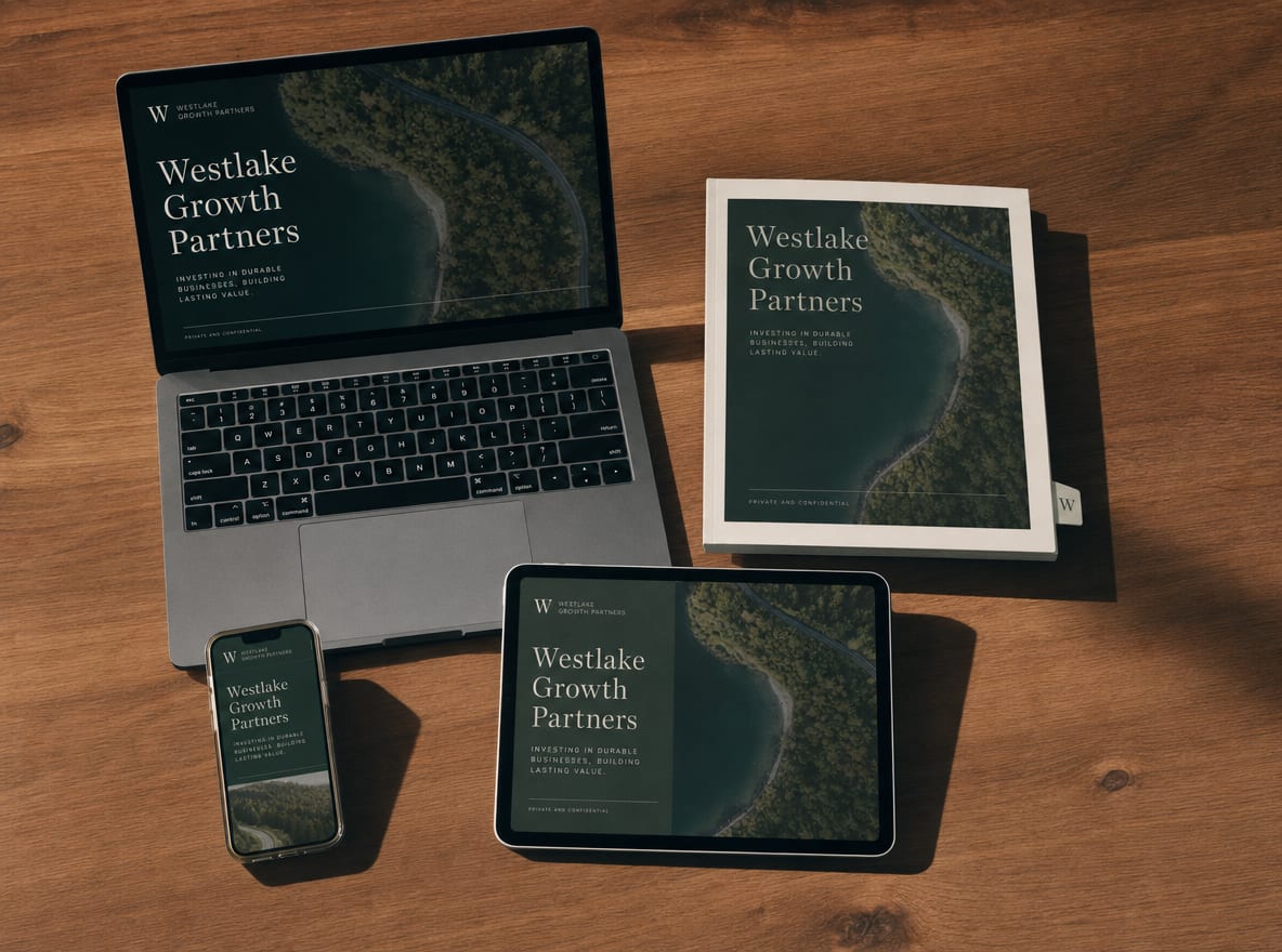 A flat-lay of four pitch-deck variants on a worktable: a laptop, a printed booklet, a tablet and a phone, each showing the same hero slide in different formats.