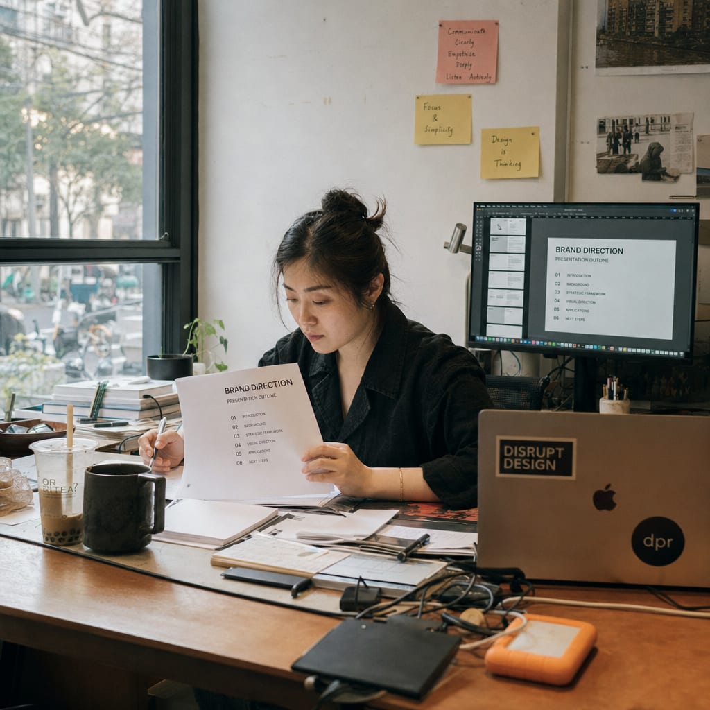 An art director at a long studio table working through a printed slide outline, a second screen behind showing a Figma deck file.