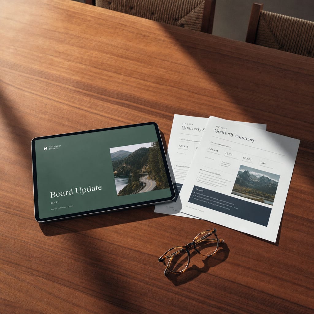 A Halver board-update deck on a tablet on a long conference table, two hardcopy summaries fanned beside it.