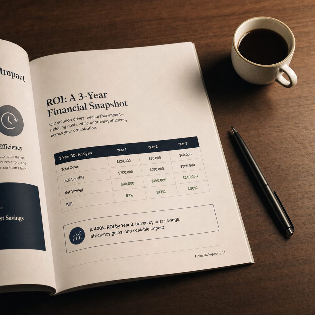 A printed Marlow sales deck open at the ROI math spread, on a worktable beside a pen and a coffee cup.