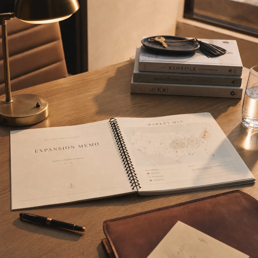 A Niven hospitality expansion memo open at a market-map spread, on a wood desk in a soft-lit hotel office.