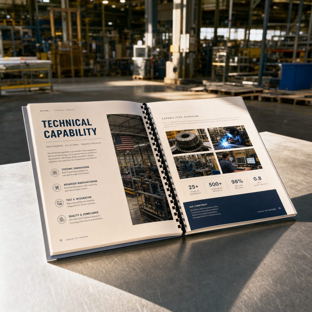 A bound Ostran RFP response booklet open at a technical capability spread, on a metal worktable in a daylit warehouse.