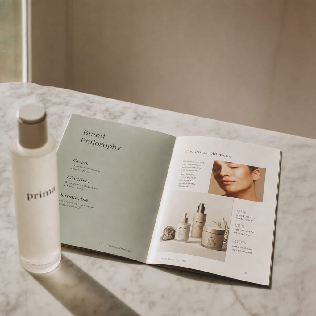 A Pellune retail-buyer pitch deck on a marble counter beside a sample beauty product, daylight through a tall window.