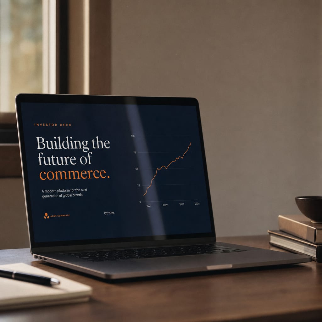 Open laptop on a quiet desk showing a Veridon investor deck title slide with a single chart and warm window light.