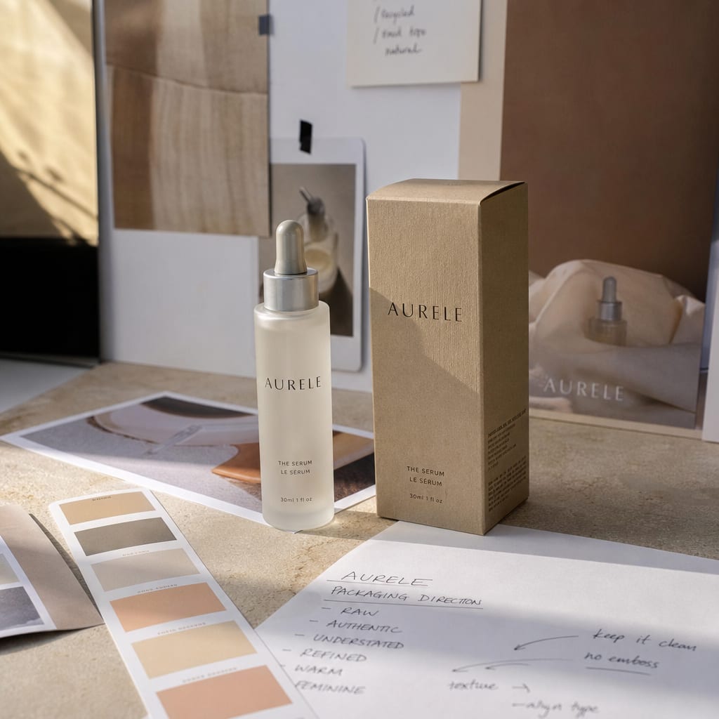 An Aurele serum bottle and kraft carton on a studio worktable beside tear-sheets, colour chips and brief notes.